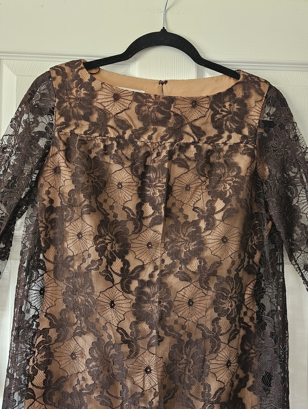 1960s Vintage Brown Lace Mod Mini Shift Flounce Long Sleeve Johnnye Dress #9 - Picture 3 of 10